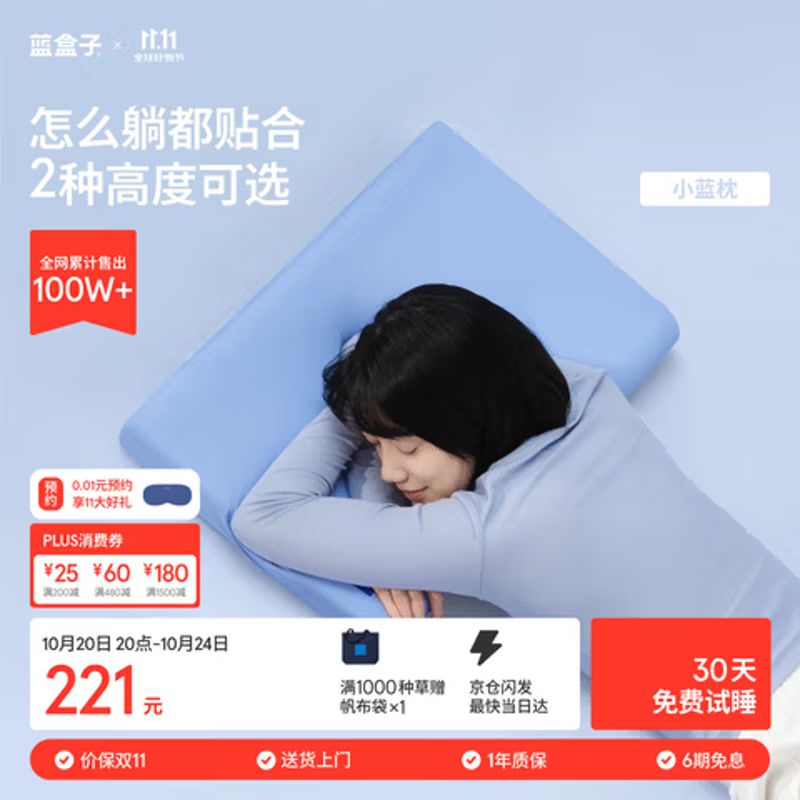 蓝盒子小蓝枕N2记忆棉枕头枕芯成人深睡护颈枕慢回弹宿舍透气深蓝10cm