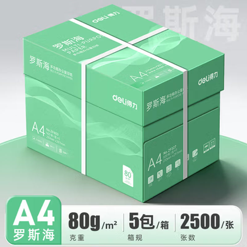 得力（deli）a4纸打印纸 70g整箱A4复印纸 80g加厚双面打印办公白纸 高性价比草稿纸批发 【经济款】罗斯海A4-80g-2500张整箱